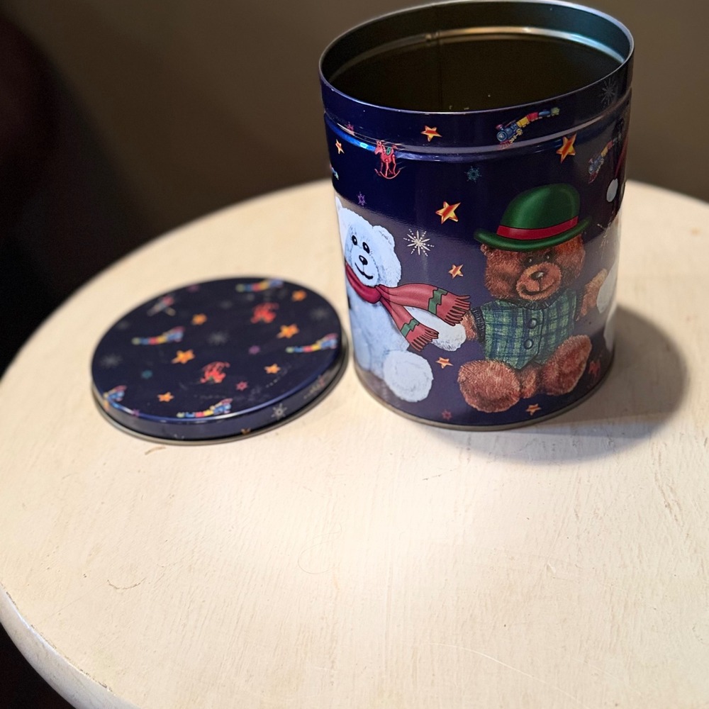 Blue Christmas Teddy Bear Tin Storage Container with Lid Holiday Decor